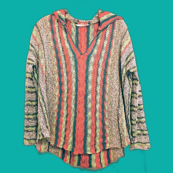 Lovestitch Striped Hooded Sweater Hoodie S/M Boho Beachy Summer HiLo V Neck - Picture 1 of 4